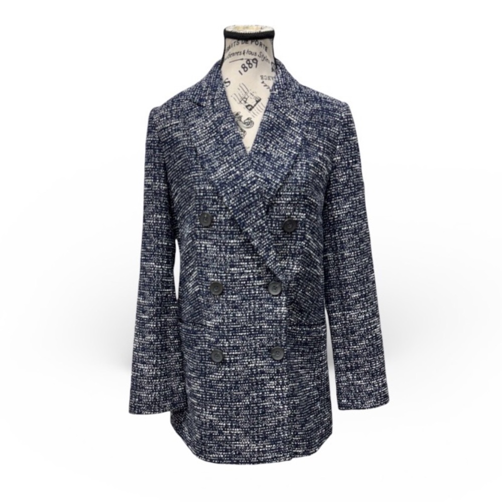 Express Navy Blue White Tweed Double Breasted Blazer Jacket Size